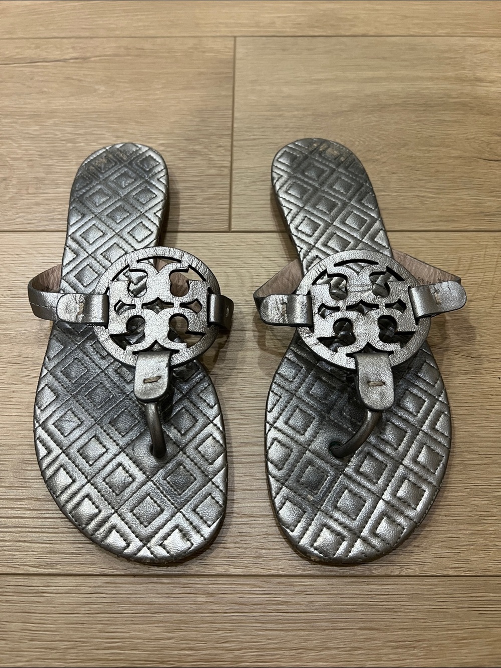 Tory Burch Metallic Silver Logo Thong Sandals